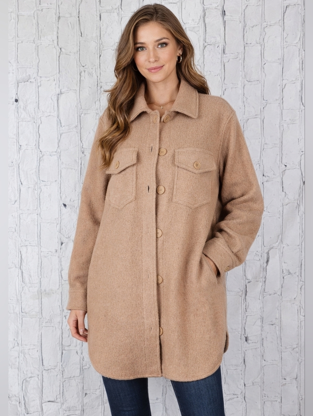 Every Dillard's clay tan wool blend button pocket front shacket jacket top